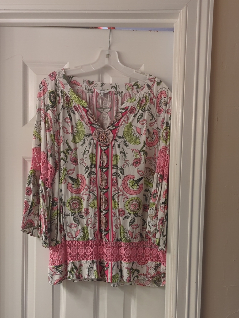crown & ivy Pink, Green & White Floral Tunic with Crochet Trim